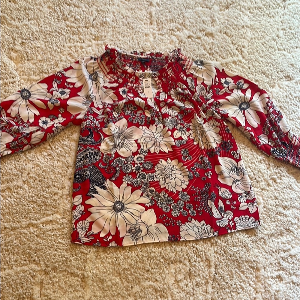 Talbots Red and White Floral Blouse 3/4 Sleeves